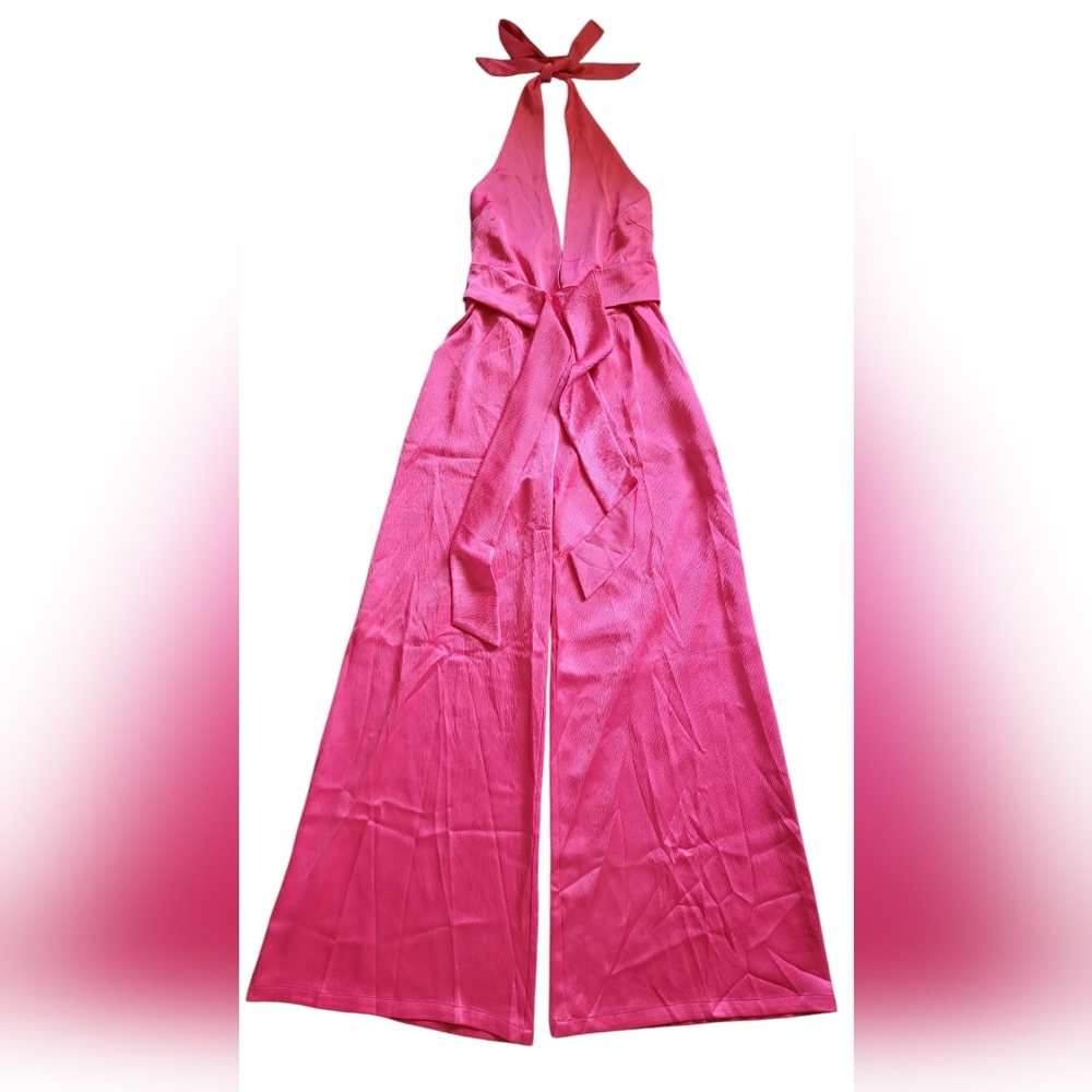 New Nookie Utopia Relaxed Full Length Wide Leg Halter Neck Jumpsuit Pink Pockets - Picture 5 of 15